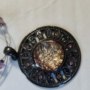 Medaliion Bronze Pendant Necklace with Blue/Mauve Metal like Beads Wire …